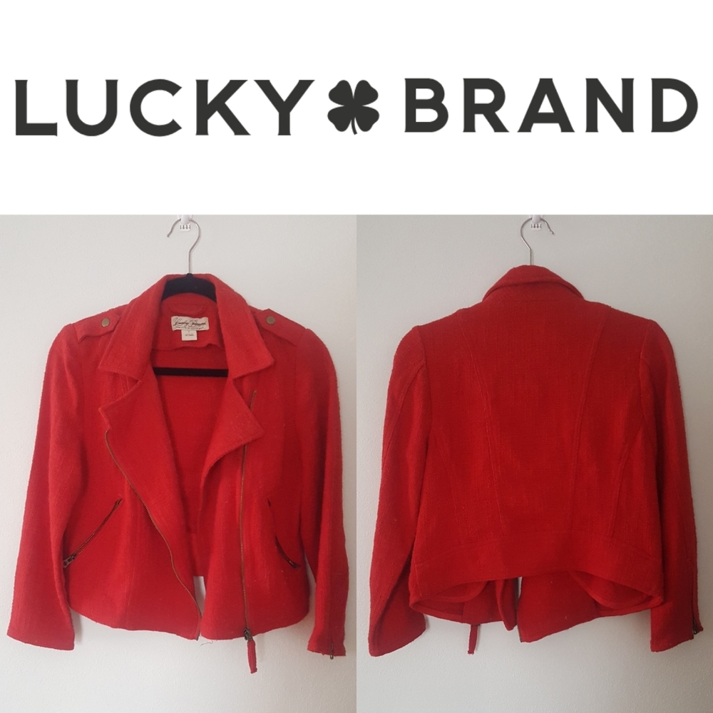 Lucky Brand Red Tweed Woven Moto Jacket